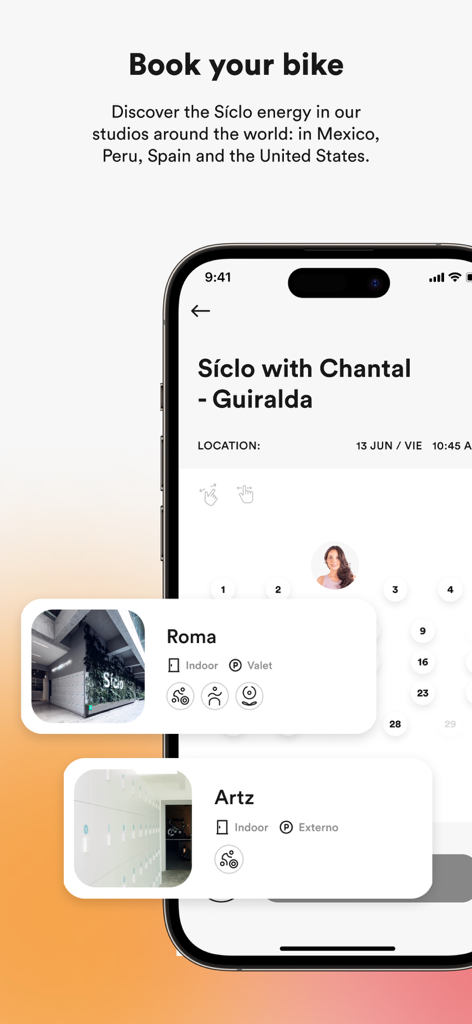 User interface for booking a bike class at a Siclo fitness studio