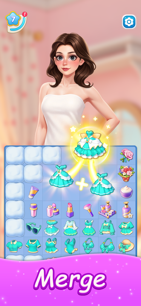 Merge Fashion: Romance Story - Alice character in Merge Fashion game merging two teal dresses to create a fancy gown