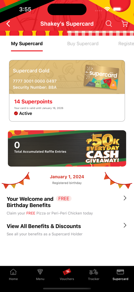Shakey's Super App screen showing the Supercard Gold loyalty points and birthday benefits.