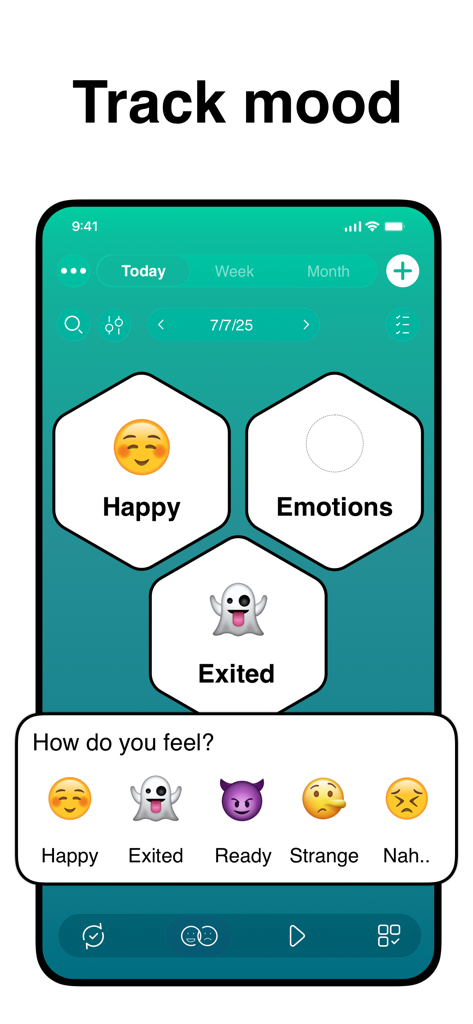 Loop Habits Tracker - Una captura de pantalla de la aplicación HabitDo que muestra una interfaz de seguimiento del estado de ánimo donde los usuarios pueden seleccionar emojis como Feliz y Emocionado para registrar sus sentimientos.