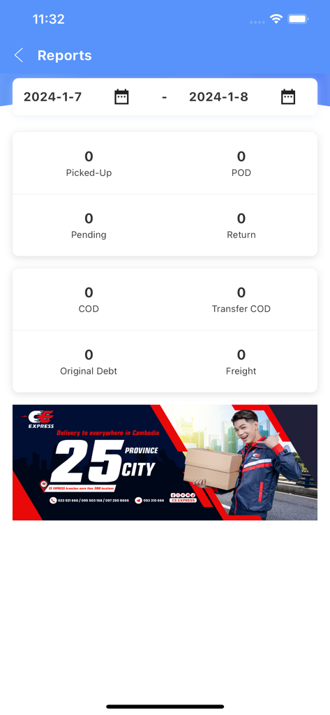 CE.Express - Logistics reports screen in the CE Express app showing delivery status and shipping metrics