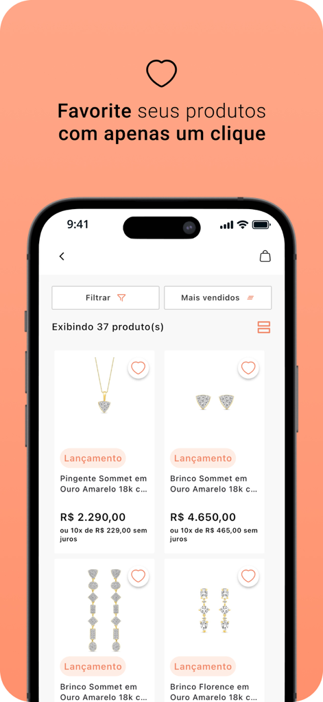 Vivara - Vivara jewelry app showing a product catalog with a favoriting feature.