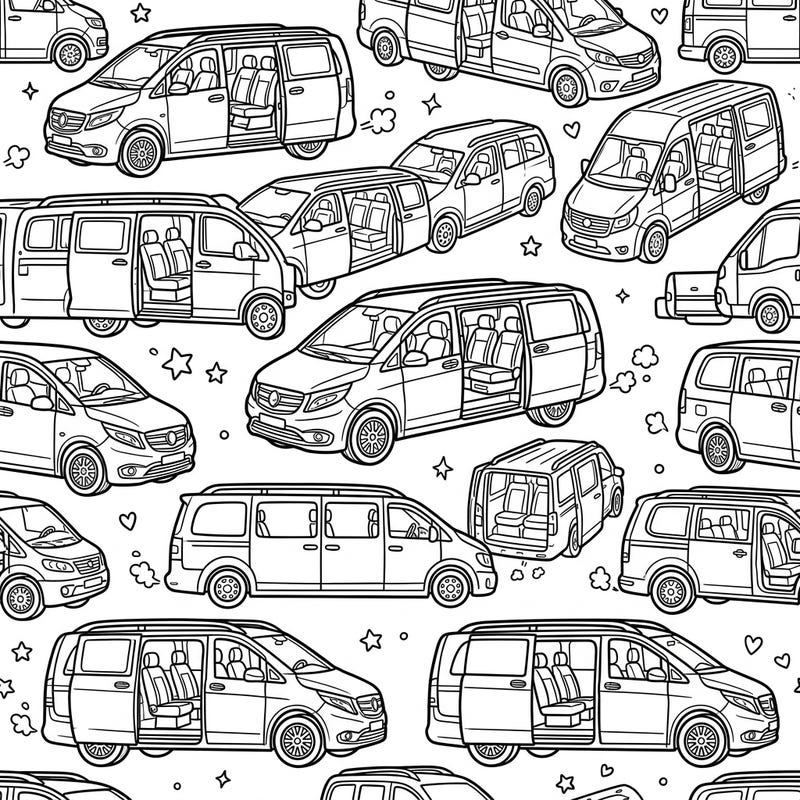 Get ready for an exciting coloring adventure with our Minivans Seamless Pattern! This delightful design features a repeating motif of various family-friendly vans, perfect for colorists of all ages.