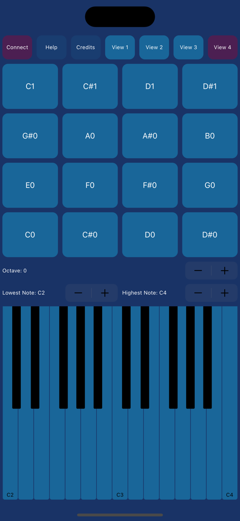 Interfaz de Bluetooth MIDI Controller Pro que muestra pads de batería y un teclado musical