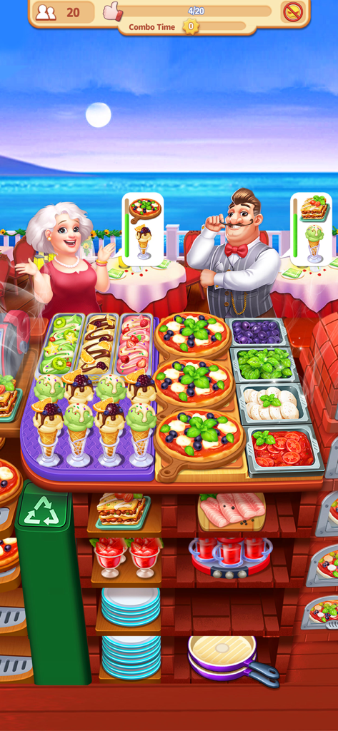 My Restaurant: Cooking Game - Un chef y un cliente en un restaurante junto al mar sirviendo pizzas y copas de helado
