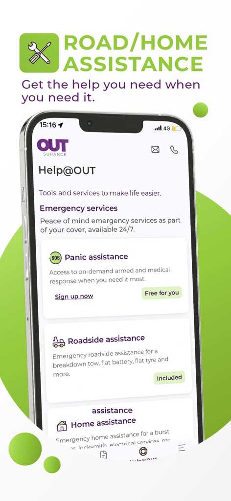 OUTsurance app interface showcasing emergency assistance options for road, home, and panic situations.