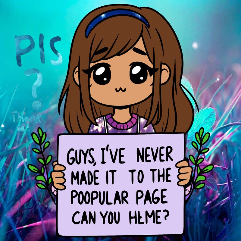 a girl holding up a sign that says, guys, i’ve never made it to the popular page, can you help me?