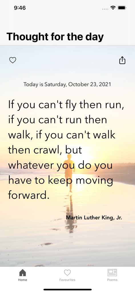 Simply Inspiring - Simply Inspiring app displaying a motivational quote by Martin Luther King Jr on a beach background