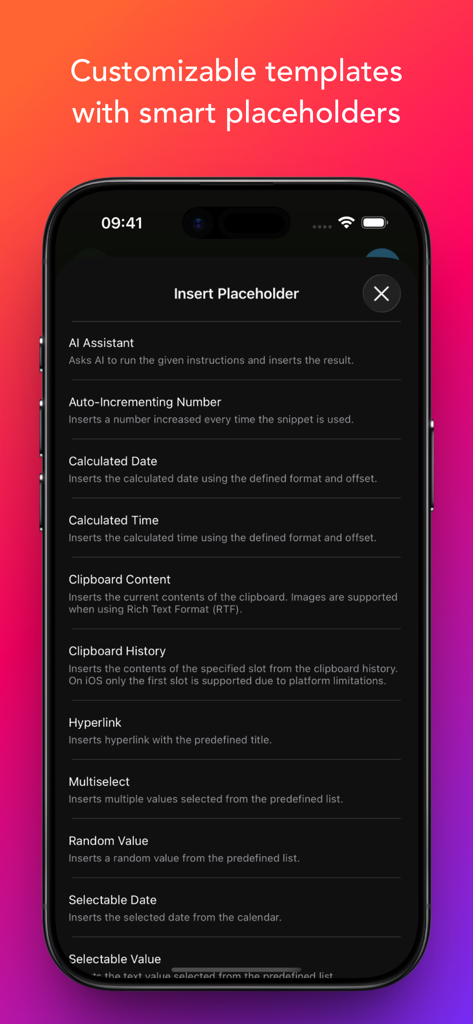 Snippety - Snippets Manager - Uma lista de opções de placeholder inteligente no aplicativo Snippety, incluindo Assistente de IA e data calculada