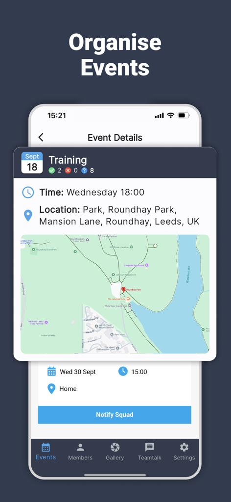 Teamer - Sports Team App - Teamer App-Oberfläche mit Details zu Sportveranstaltungen, Trainingszeit, Standortkarte und Schaltfläche zur Benachrichtigung des Kaders.