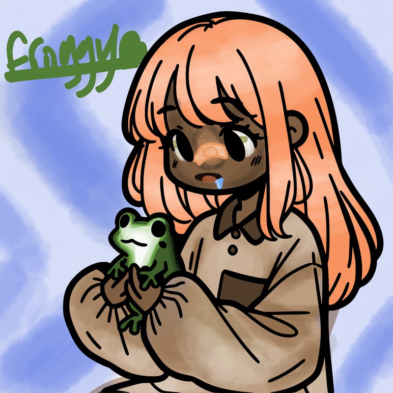 girl with long hair and a oversized shirt. and she is holding a frog