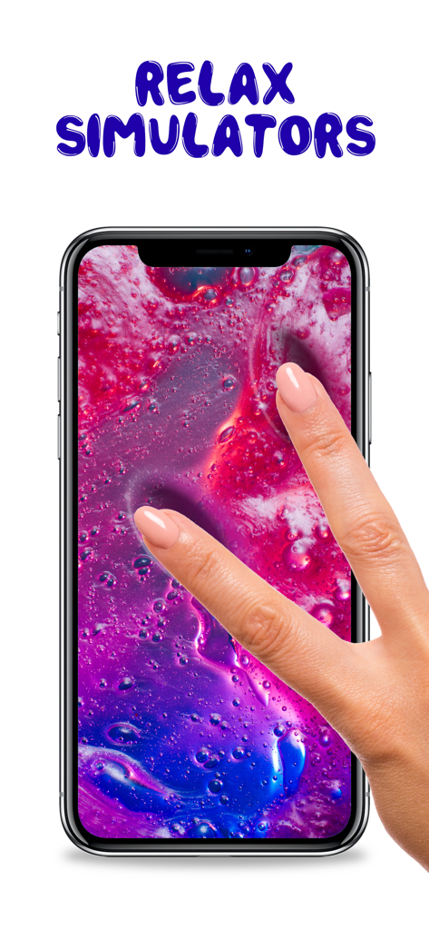 A hand stretching colorful textured slime on a mobile phone screen under the title Relax Simulators