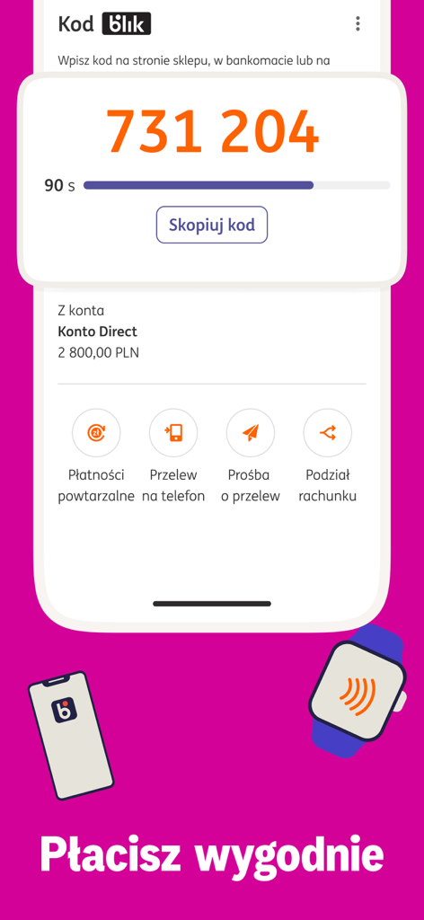 Benutzeroberfläche der Moje ING App mit einem 6-stelligen BLIK-Zahlungscode und Schnellüberweisungsoptionen
