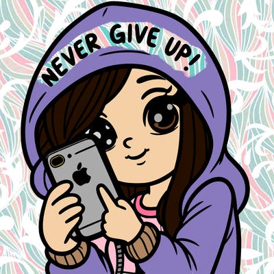 girl with iphone and a hood that say’s never give up!