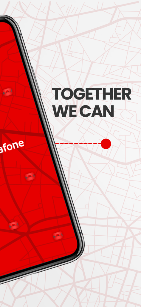 Vodafone Smart Tracker - Schermata dello smartphone che mostra l'interfaccia della mappa dell'app Vodafone Smart Tracker con lo slogan Together We Can