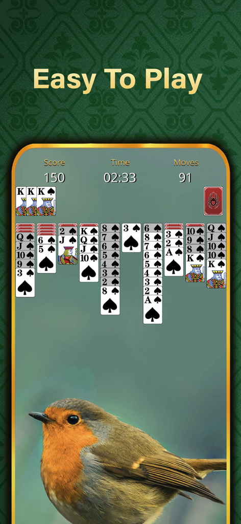 Solitaire Relax®Classic Spider - A mobile game screen of Spider Solitaire with large cards and a peaceful bird background theme.