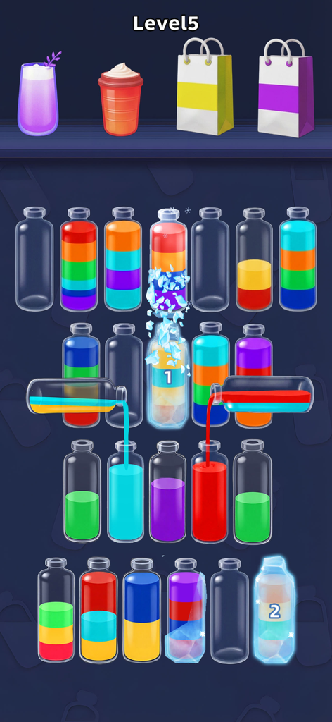 Water Jam Sort - Match Puzzle - Un colorido juego de puzzle de clasificación de agua donde se vierten líquidos en botellas de vidrio