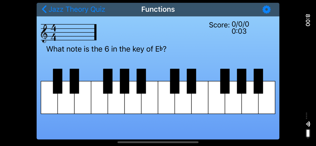 Una captura de pantalla de la aplicación Cuestionario de Teoría de Jazz preguntando por la sexta nota en la tonalidad de Mi bemol usando un teclado de piano en pantalla.