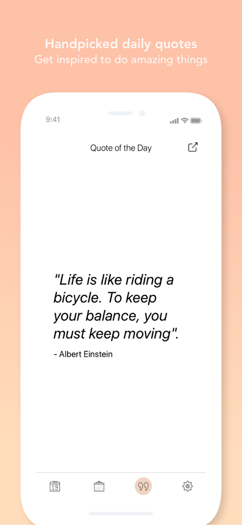 Morning! - Gratitude Journal - Ein Bildschirm aus der Morning Dankbarkeitstagebuch-App zeigt ein inspirierendes Zitat von Albert Einstein über Gleichgewicht und Vorwärtskommen auf einem sauberen weißen Hintergrund.