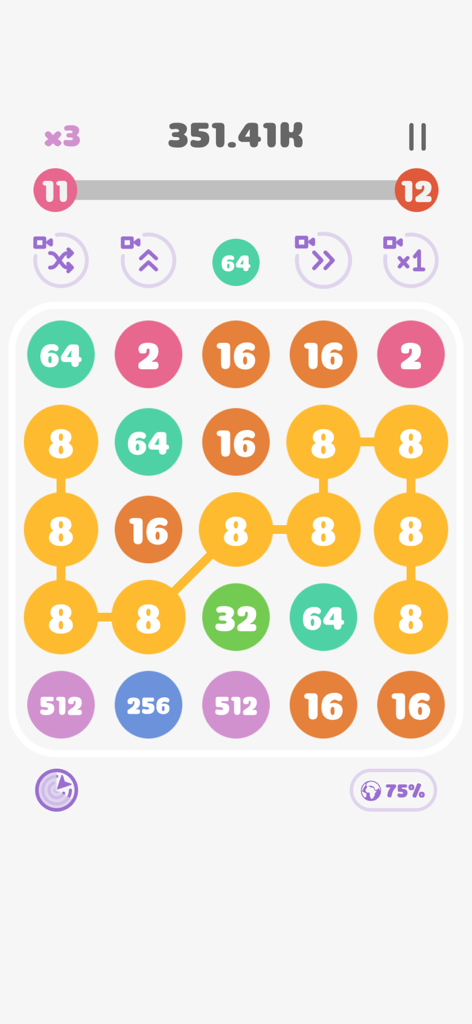 Connect the Pops! - Una cuadrícula de puzzle minimalista de Connect the Pops mostrando una cadena de burbujas amarillas con el número ocho conectadas