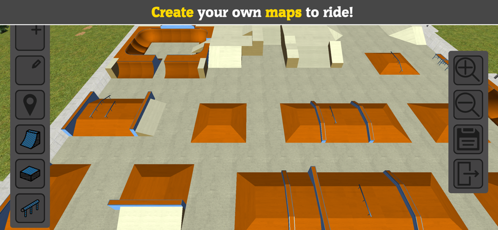 BMX FE3D 2 - An overhead view of the custom skatepark builder interface in BMX FE3D 2 featuring various ramps and editing tools