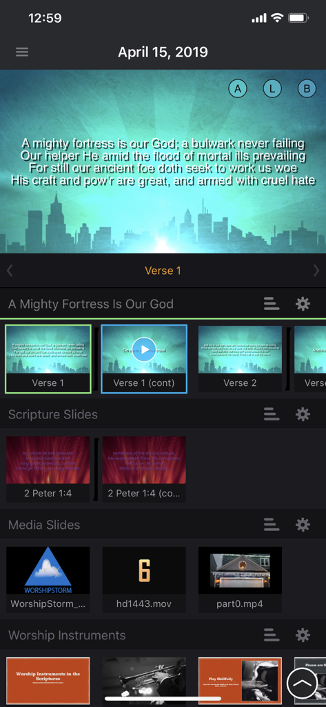 WorshipStorm Projector - WorshipStorm Projector mobile interface displaying church worship lyrics and media slides