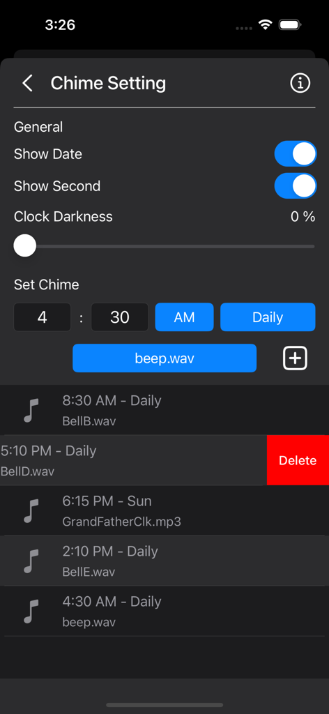 Chime Clock - Chime Clock app interface for scheduling daily chime alerts and selecting custom sounds
