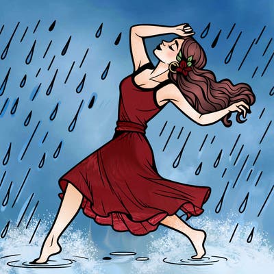 a realistic woman dancing while it rains and you can see the droplets