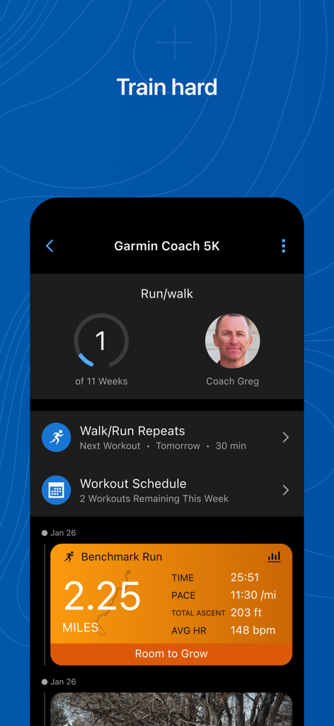 L'application Garmin Connect affiche un plan d'entraînement Garmin Coach 5K avec des données de course et un programme d'entraînement.