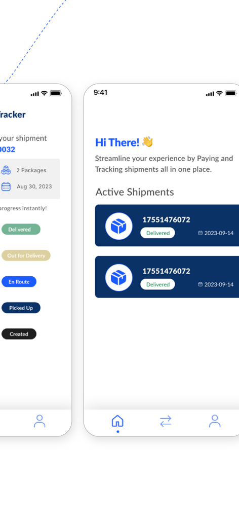 myBlu - Interfaccia utente dell'app myBlu che visualizza spedizioni attive e cronologia stato consegne