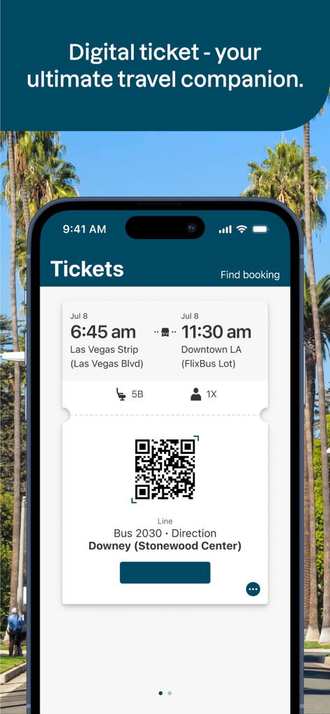 Interfaz de la app móvil de Greyhound que muestra un billete digital con un código QR para un viaje entre Las Vegas y Los Ángeles