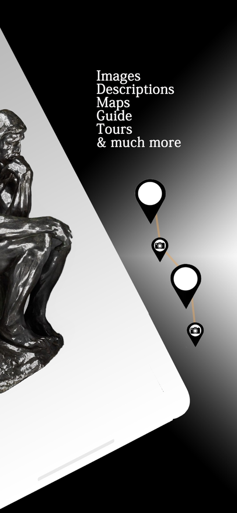 Musee Rodin Audio - Auguste Rodins Skulptur 'Der Denker' neben einer Liste von App-Funktionen, einschließlich Karten und Touren
