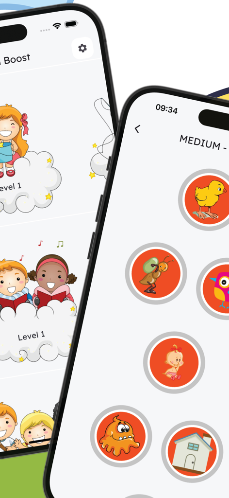 Brain Boost: Mental Up for Kid - Educational game interface for kids in Brain Boost app featuring colorful cartoon icons and level selection