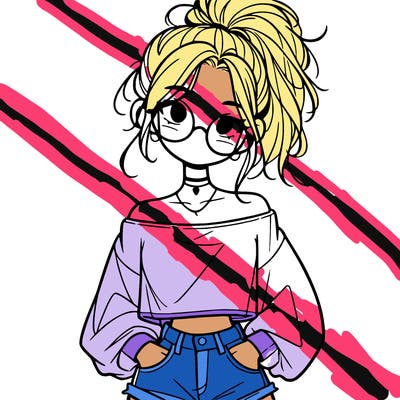 girl with a messy ponytail glasses a baggy crop top and jean shorts