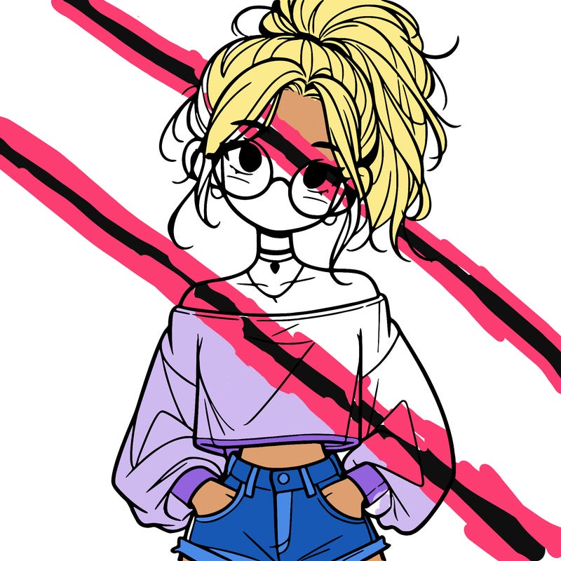 girl with a messy ponytail glasses a baggy crop top and jean shorts