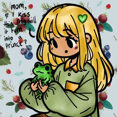 girl with long hair and a oversized shirt. and she is holding a frog