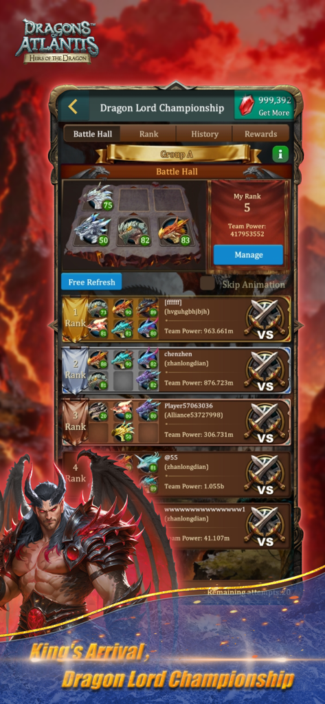 Dragons of Atlantis - Dragons of Atlantis Dragon Lord Championship leaderboard showing ranked player dragon teams