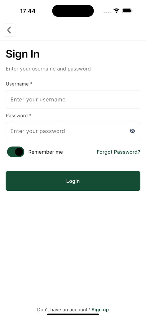 MeriTrade - Login page for MeriTrade app with username and password input fields