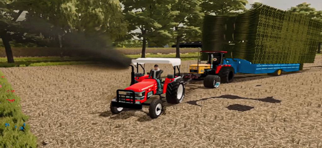 Cargo Tractor Simulator Driver - Red tractor in a farm field next to a yellow tractor pulling a large cargo load