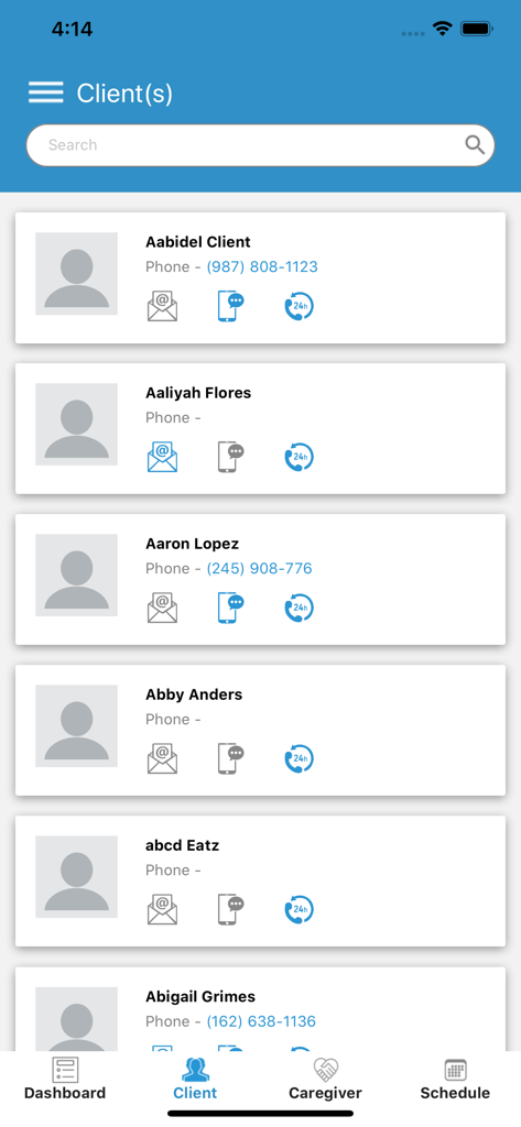 CareSmartz360 Agency App - CareSmartz360 Agency App client list interface showing names and contact icons