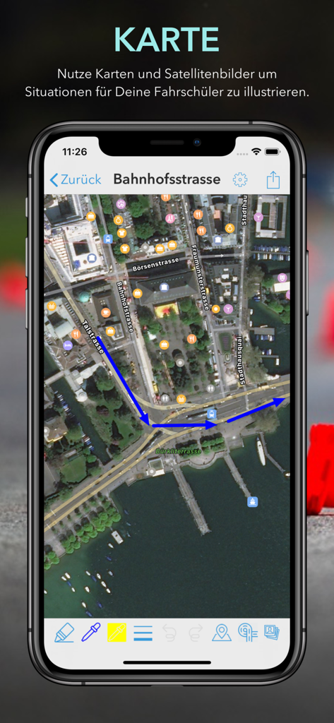 Smartphone screen showing the iTheory DriveTrack app with a driving route illustrated on a satellite map with blue arrows.