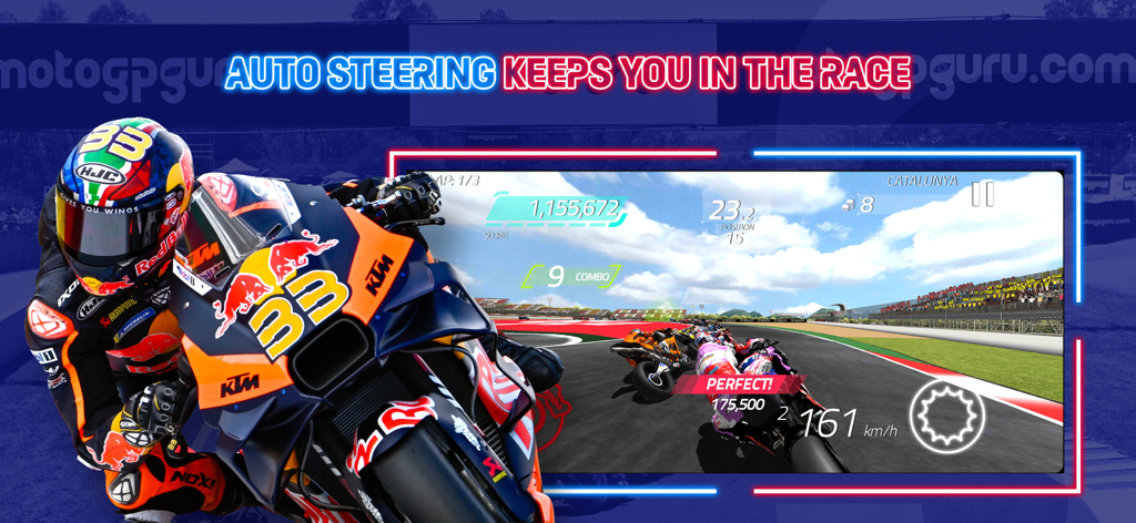 MotoGP Racing '23 - Captura de tela de ação do MotoGP Racing 23 com uma motocicleta KTM e texto de jogo de direção automática