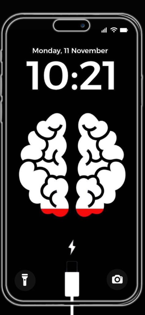 Un'illustrazione minimalista di un cervello bianco su uno sfondo nero solido visualizzata su una schermata di blocco dell'iPhone