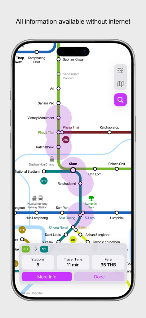 Bangkok City Metro app displaying route travel time and fare information available offline.