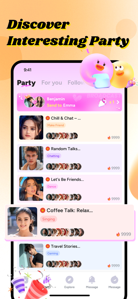 Tikko Live app interface showing a list of various social party rooms for chatting and meeting new people.