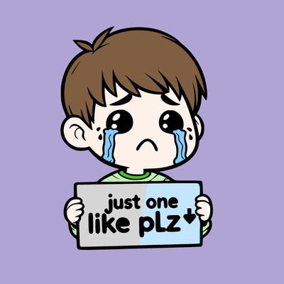 realistic crying boy with a sign saying just one like plz