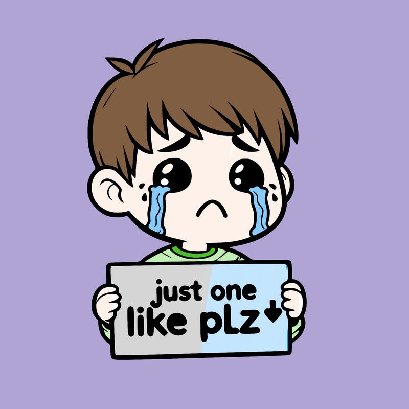 realistic crying boy with a sign saying just one like plz