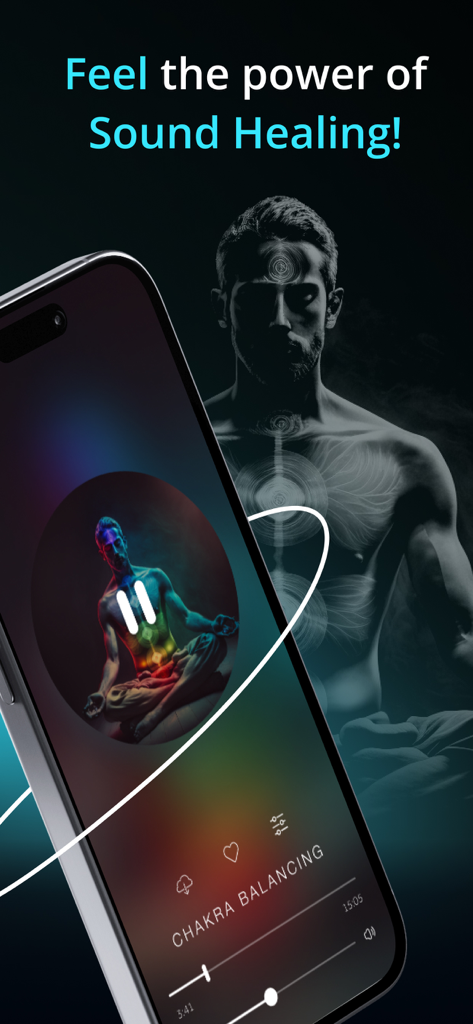 Slowdive app interface showing a chakra balancing meditation session with the text feel the power of sound healing
