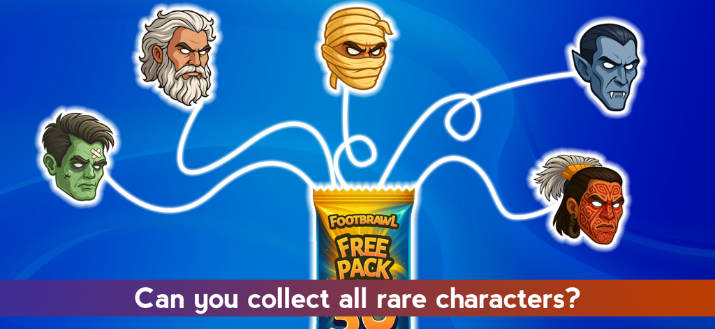 Foot Brawl - Fun Head Football - Cinco cabezas de personajes únicas saliendo de un paquete gratuito de Foot Brawl con la pregunta ¿Puedes coleccionar todos los personajes raros