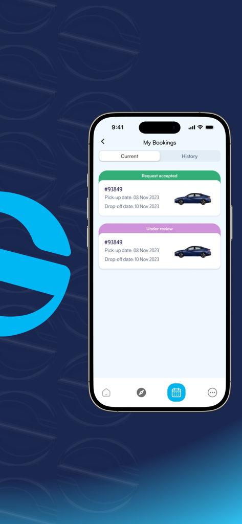 قو ستير | Go Steer - Interface of the Go Steer car rental app showing a list of current car bookings with status labels like request accepted and under review